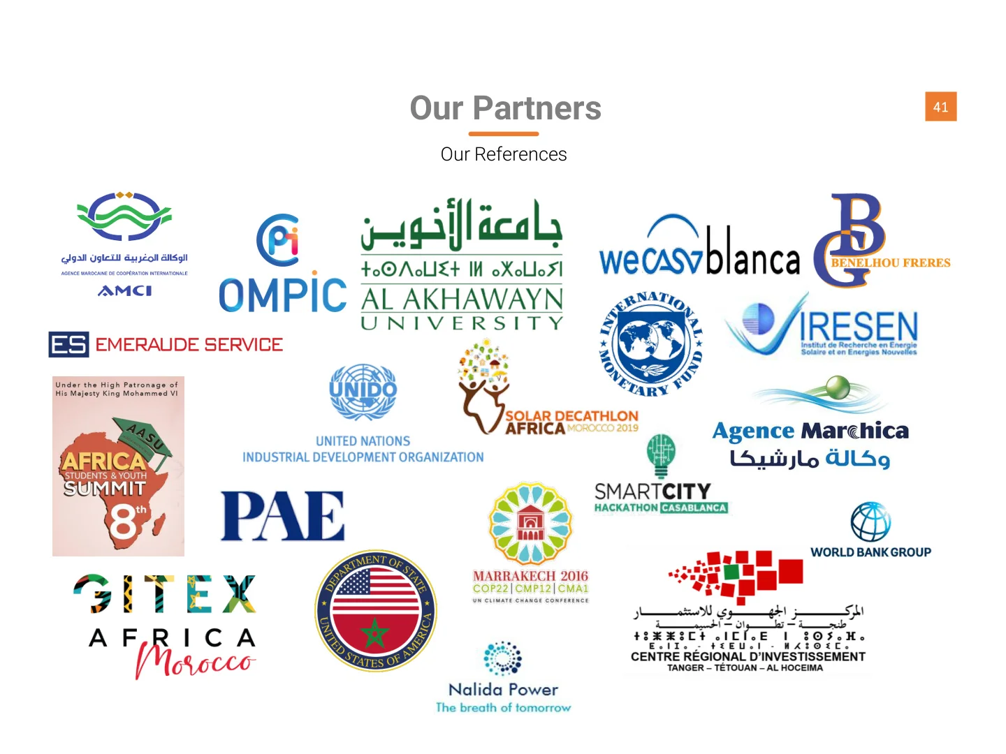 Partenaires Nalida Power : Banque Mondiale, FMI, OMPIC, Al Akhawayn University, Ambassade USA, IRESEN, Marchica, UNIDO, WeCasablanca